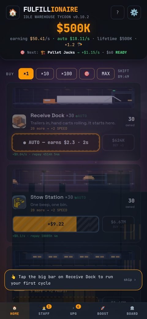 Fulfillionaire gameplay on a phone: the Receive Dock and Stow Station with $500K in the bank